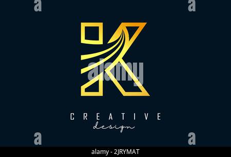 Golden Outline Creative letter K logo with leading lines and road concept design. Letter K with geometric design. Vector Illustration with letter and Stock Vector