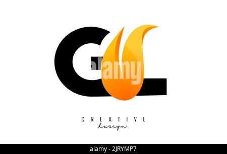Vector illustration of abstract letters GL g l with fire flames and Orange Swoosh design. Letters logo with creative cut and shape. Stock Vector