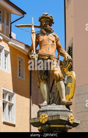 Figure of William Tell at the Tellenbrunnen, Old Town, Schaffhausen, Canton Schaffhausen, Switzerland Stock Photo