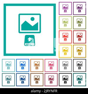 Upload image from hard disk flat color icons with quadrant frames on white background Stock Vector