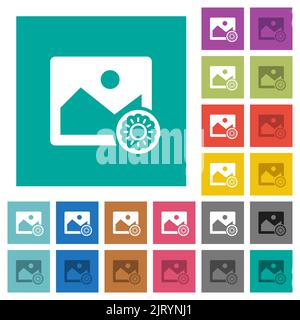Image brightness multi colored flat icons on plain square backgrounds. Included white and darker icon variations for hover or active effects. Stock Vector