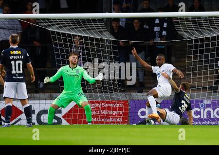 Dundee, UK. 27th Aug, 2022. 26th August 2022; Dens Park, Dundee, Scotland: Scottish League Championship football; Ayr United FC versus Dundee FC ; Dipo Akinyemi of Ayr United shoots and scores the equaliser to level the score at 1-1 in the 17th minute Credit: Action Plus Sports Images/Alamy Live News Stock Photo