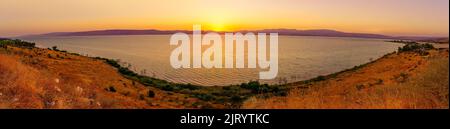 Panoramic sunset view of the Sea of Galilee, viewed from Nukeib Lookout, Northern Israel Stock Photo