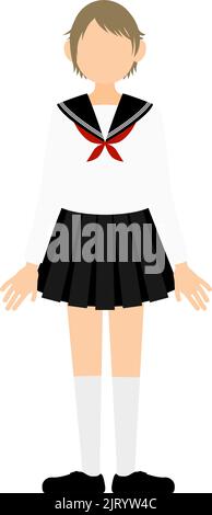 Girl wearing white school sailor uniform, Stand upright Stock Vector