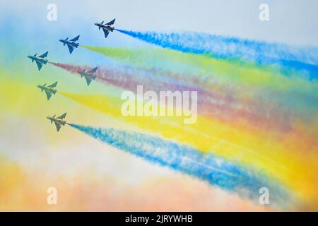 Changchun, China's Jilin Province. 26th Aug, 2022. China's Bayi Aerobatic Team performs during the Changchun Air Show in Changchun, northeast China's Jilin Province, Aug. 26, 2022. Credit: Xu Chang/Xinhua/Alamy Live News Stock Photo