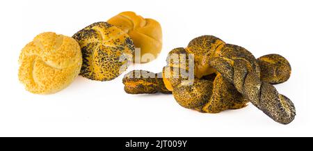 Bread concept. Three kaiser rolls with sesame, poppy seed toppings, and three braided product covered with poppy seed. Isolated on white background. High quality photo Stock Photo