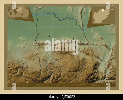 Balkh, province of Afghanistan. Colored elevation map with lakes and rivers. Locations of major cities of the region. Corner auxiliary location maps Stock Photo