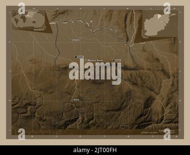 Balkh, province of Afghanistan. Elevation map colored in sepia tones with lakes and rivers. Locations and names of major cities of the region. Corner Stock Photo