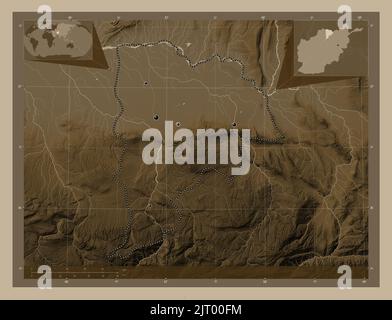 Balkh, province of Afghanistan. Elevation map colored in sepia tones with lakes and rivers. Locations of major cities of the region. Corner auxiliary Stock Photo