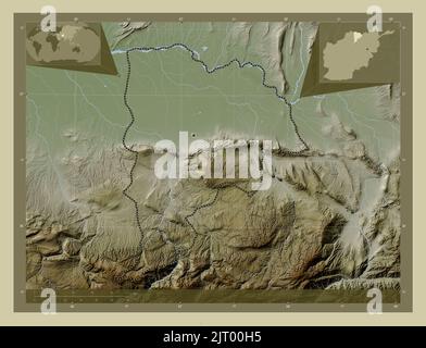 Balkh, province of Afghanistan. Elevation map colored in wiki style with lakes and rivers. Corner auxiliary location maps Stock Photo