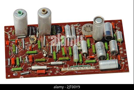 old rarity radio, tv board with electronic components, printed circuit board, resistor, capacitor, resistance, FET Stock Photo