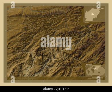 Daykundi, province of Afghanistan. Colored elevation map with lakes and rivers. Locations and names of major cities of the region. Corner auxiliary lo Stock Photo