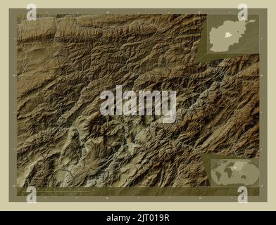Daykundi, province of Afghanistan. Elevation map colored in wiki style with lakes and rivers. Locations of major cities of the region. Corner auxiliar Stock Photo