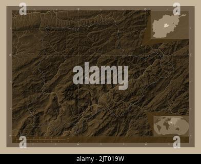 Daykundi, province of Afghanistan. Elevation map colored in sepia tones with lakes and rivers. Locations of major cities of the region. Corner auxilia Stock Photo