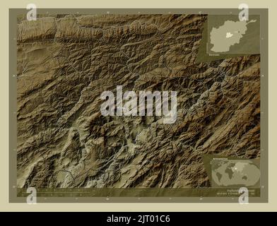 Daykundi, province of Afghanistan. Elevation map colored in wiki style with lakes and rivers. Locations and names of major cities of the region. Corne Stock Photo