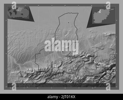 Faryab, province of Afghanistan. Bilevel elevation map with lakes and rivers. Locations of major cities of the region. Corner auxiliary location maps Stock Photo