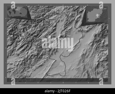 Ghazni, province of Afghanistan. Bilevel elevation map with lakes and rivers. Corner auxiliary location maps Stock Photo