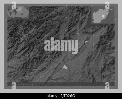 Ghazni, province of Afghanistan. Grayscale elevation map with lakes and rivers. Corner auxiliary location maps Stock Photo