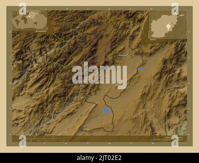 Ghazni, province of Afghanistan. Colored elevation map with lakes and rivers. Locations and names of major cities of the region. Corner auxiliary loca Stock Photo