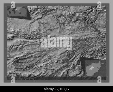 Ghor, province of Afghanistan. Bilevel elevation map with lakes and rivers. Corner auxiliary location maps Stock Photo