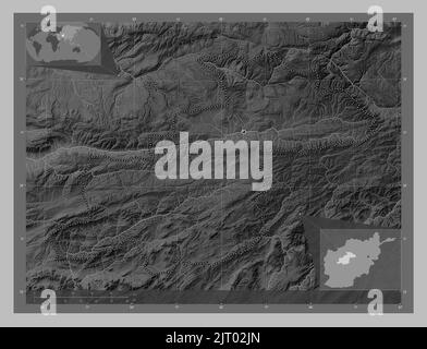Ghor, province of Afghanistan. Grayscale elevation map with lakes and rivers. Corner auxiliary location maps Stock Photo
