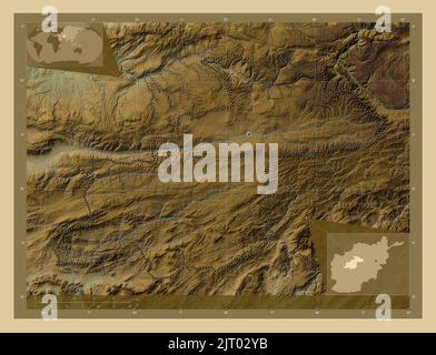 Ghor, province of Afghanistan. Colored elevation map with lakes and rivers. Corner auxiliary location maps Stock Photo