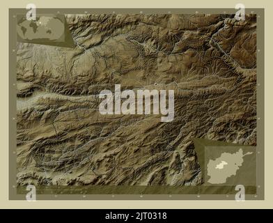 Ghor, province of Afghanistan. Elevation map colored in wiki style with lakes and rivers. Corner auxiliary location maps Stock Photo