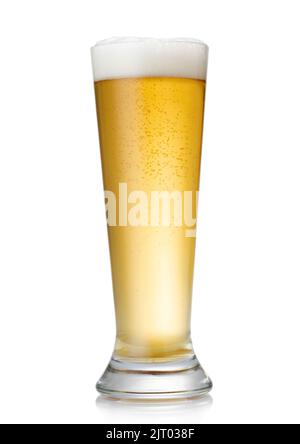 Tall glass of lager premium craft beer on white. Stock Photo