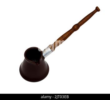 Vintage Empty ceramic coffee pot with a wooden handle isolated on white Stock Photo