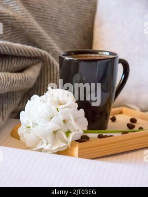 warm home atmosphere, a mug of freshly brewed coffee, grains, a notebook for records, a grey blanket and pillows. Stock Photo