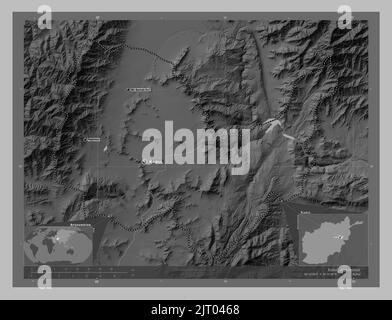 Kabul, province of Afghanistan. Grayscale elevation map with lakes and rivers. Locations and names of major cities of the region. Corner auxiliary loc Stock Photo