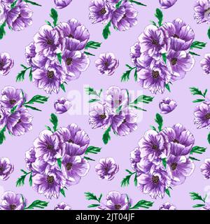 Handdrawn anemone seamless pattern. Watercolor purple flowers with green leaves on the purple background. Scrapbook design, typography poster, label, Stock Photo