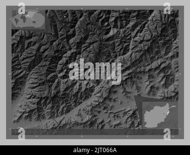 Kunar, province of Afghanistan. Grayscale elevation map with lakes and rivers. Locations of major cities of the region. Corner auxiliary location maps Stock Photo