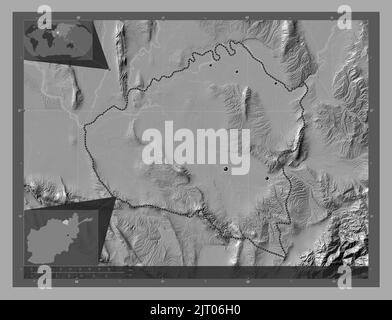 Kunduz, province of Afghanistan. Bilevel elevation map with lakes and rivers. Locations of major cities of the region. Corner auxiliary location maps Stock Photo