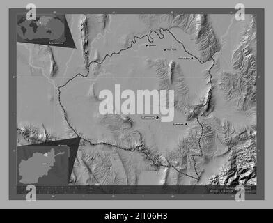 Kunduz, province of Afghanistan. Bilevel elevation map with lakes and rivers. Locations and names of major cities of the region. Corner auxiliary loca Stock Photo