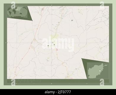 Logar, province of Afghanistan. Open Street Map. Locations of major cities of the region. Corner auxiliary location maps Stock Photo