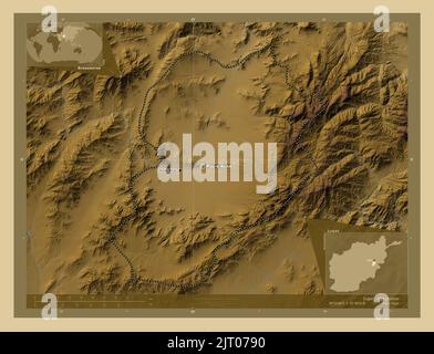 Logar, province of Afghanistan. Colored elevation map with lakes and rivers. Locations and names of major cities of the region. Corner auxiliary locat Stock Photo