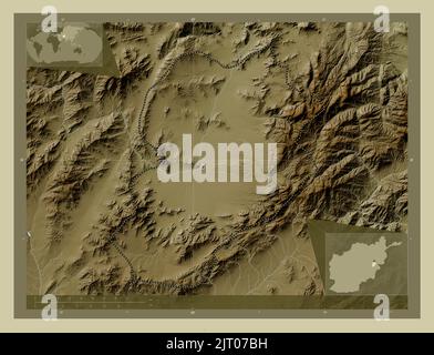 Logar, province of Afghanistan. Elevation map colored in wiki style with lakes and rivers. Corner auxiliary location maps Stock Photo