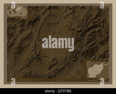 Logar, province of Afghanistan. Elevation map colored in sepia tones with lakes and rivers. Locations and names of major cities of the region. Corner Stock Photo