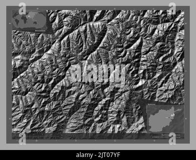 Nuristan, province of Afghanistan. Bilevel elevation map with lakes and rivers. Locations and names of major cities of the region. Corner auxiliary lo Stock Photo