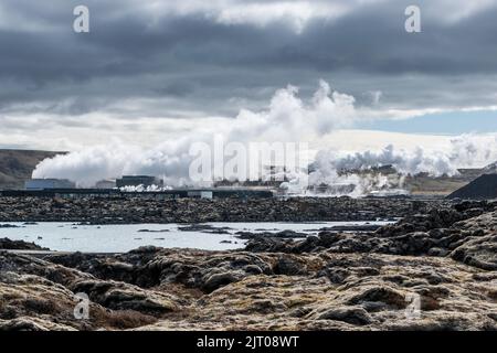 The milky blue waters from the geothermal power station that feed into the Blue Lagoon spa, Iceland. Stock Photo