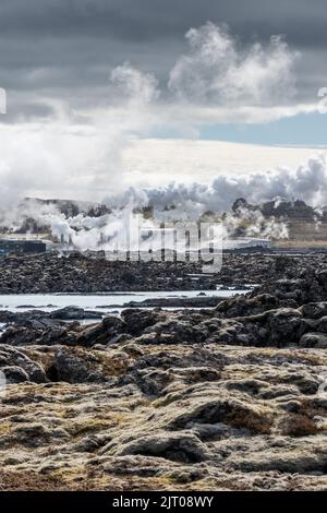 The milky blue waters from the geothermal power station that feed into the Blue Lagoon spa, Iceland. Stock Photo