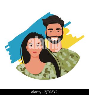 A young couple of Ukrainian soldiers. Portrait of a woman and a man in military clothes. Vector illustration Stock Vector