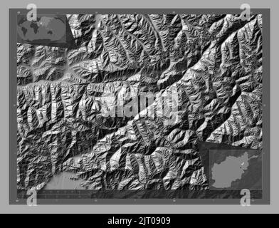 Panjshir, province of Afghanistan. Bilevel elevation map with lakes and rivers. Corner auxiliary location maps Stock Photo