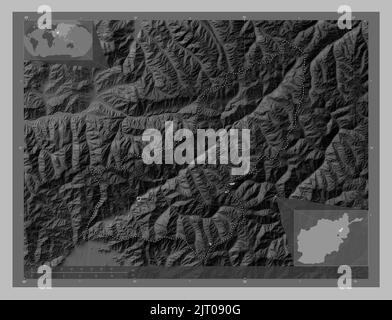 Panjshir, province of Afghanistan. Grayscale elevation map with lakes and rivers. Corner auxiliary location maps Stock Photo