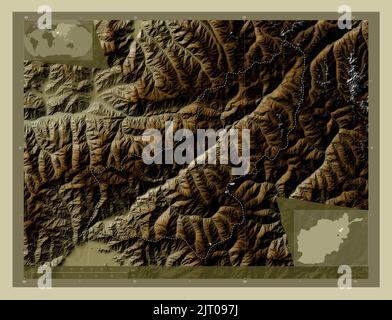 Panjshir, province of Afghanistan. Elevation map colored in wiki style with lakes and rivers. Corner auxiliary location maps Stock Photo