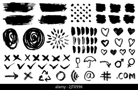 Textured brush strokes, Grunge Design Elements. Textured icons, and different shapes - hearts, crosses, checkmarks. Set of vector brushes Stock Vector