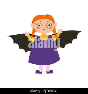 A girl in a bat costume for Halloween. A child in a carnival costume. Vector illustration  Stock Vector