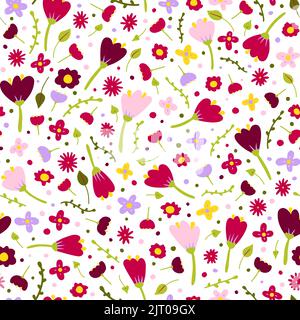 Seamless cartoon abstract flower pattern. Color floret on white background. Hand-drawn plant, petal. Stylized peonies, rose, tulip, chamomile. Summer Stock Vector