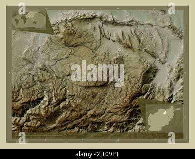 Samangan, province of Afghanistan. Elevation map colored in wiki style with lakes and rivers. Locations of major cities of the region. Corner auxiliar Stock Photo